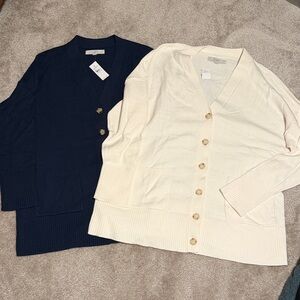 LOFT Navy and Cream V-Neck Button Cardigan Duo